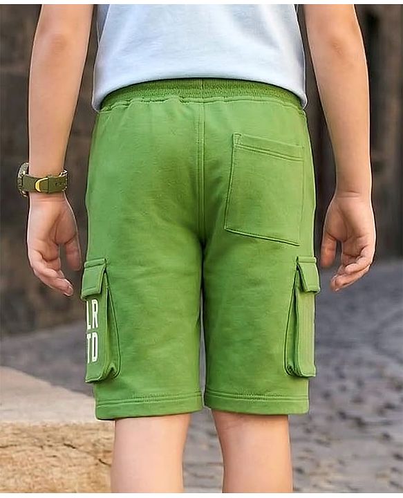 Pine Kids 100% Cotton Knit Shorts With Text Print & Cargo Pockets - Green
