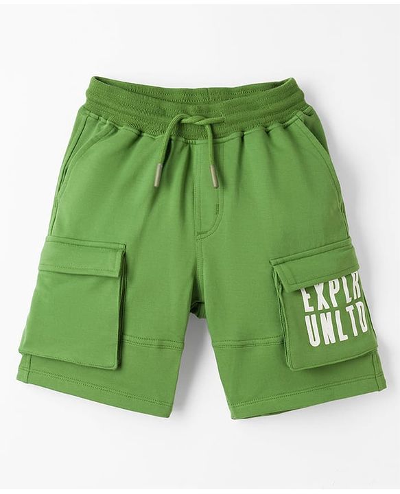 Pine Kids 100% Cotton Knit Shorts With Text Print & Cargo Pockets - Green