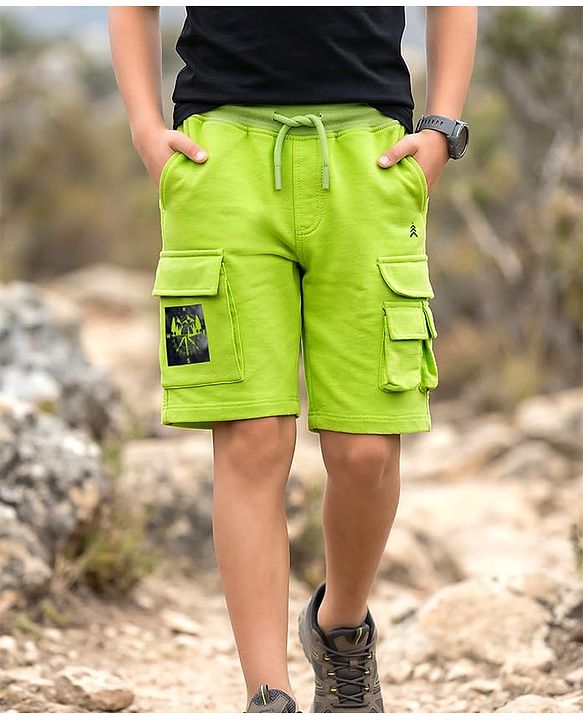 Pine Kids 100% Cotton Knit Knee Length Shorts With Cargo Pockets - Lime Green