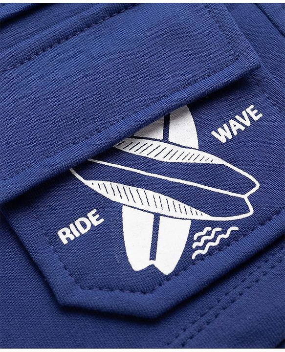 Pine Kids Looper Knit Solid Shorts With Surfing Print - Navy Blue