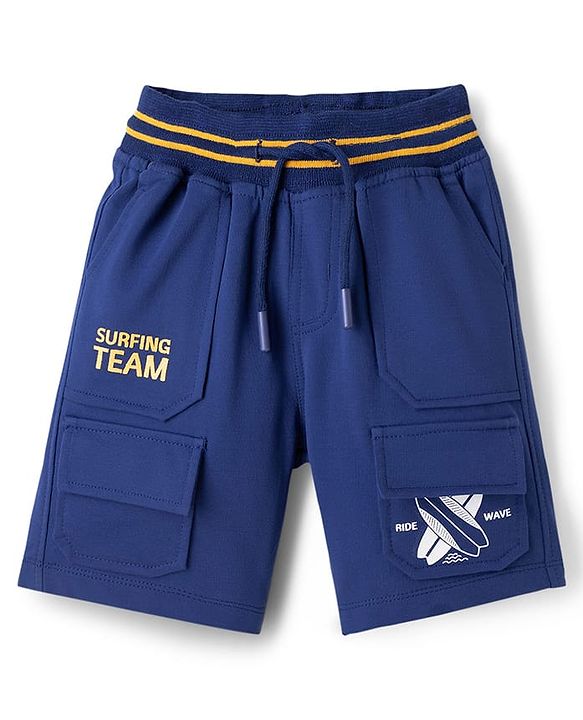 Pine Kids Looper Knit Solid Shorts With Surfing Print - Navy Blue
