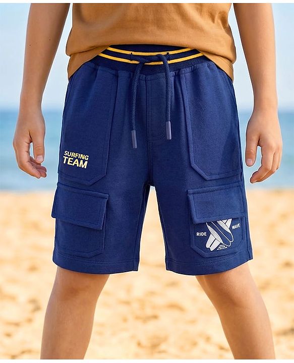 Pine Kids Looper Knit Solid Shorts With Surfing Print - Navy Blue