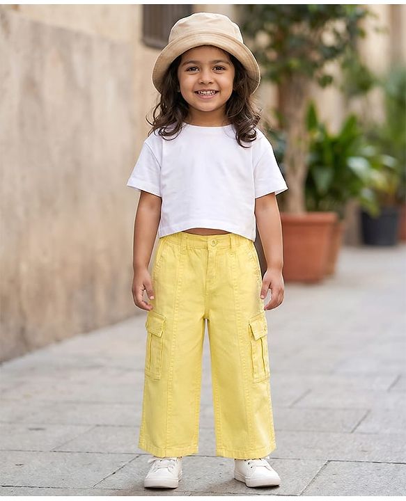 Babyhug Twill Woven Full Length Solid Colour Trousers With Stretch - Yellow