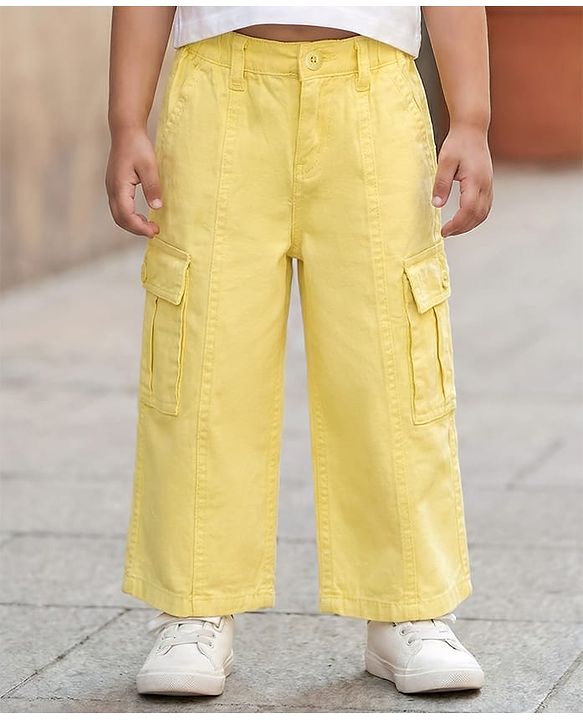 Babyhug Twill Woven Full Length Solid Colour Trousers With Stretch - Yellow