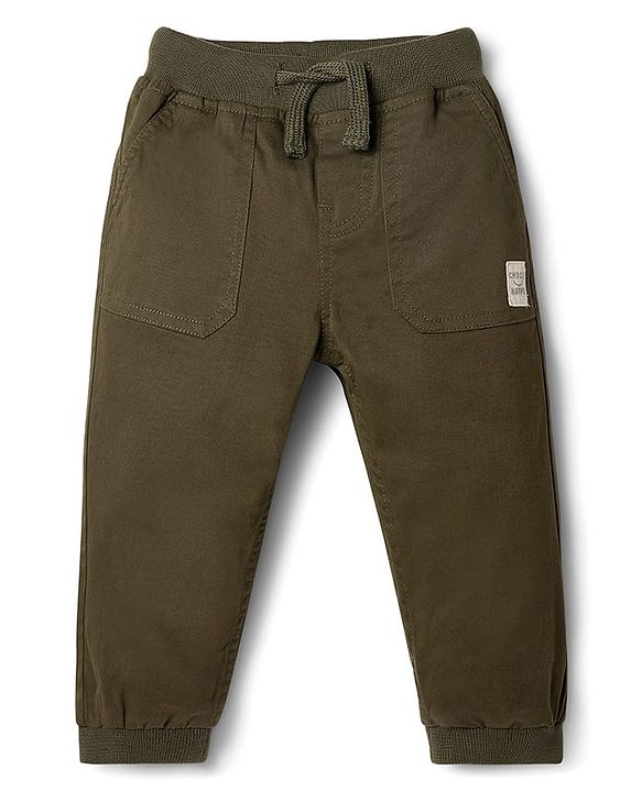 Babyhug Twill Woven Full Length Trouser Pant With Stretch - Olive Green
