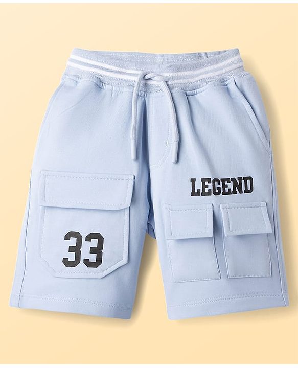 Pine Kids Looper Knit Solid Shorts With Text Print - Light Blue