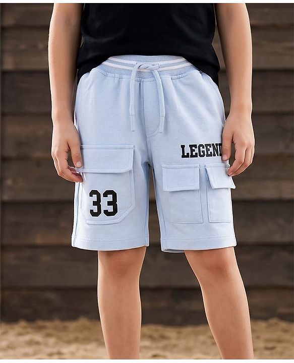 Pine Kids Looper Knit Solid Shorts With Text Print - Light Blue