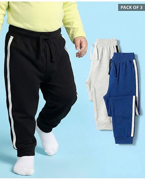 Babyhug Cotton Jersey Knit Full Length Solid Color Lounge Pants with Tape Detailing Pack of 3 - Multicolor