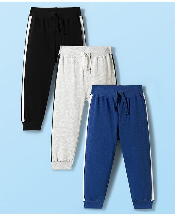 Babyhug Cotton Jersey Knit Full Length Solid Color Lounge Pants with Tape Detailing Pack of 3 - Multicolor