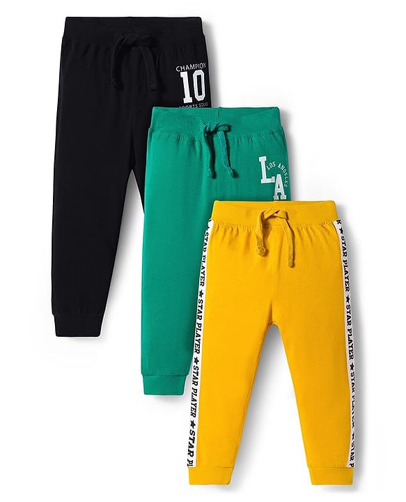 Babyhug Cotton Knit Full Length Lounge Pants with Sports Theme Print Pack of 3 - Yellow Mint & Black