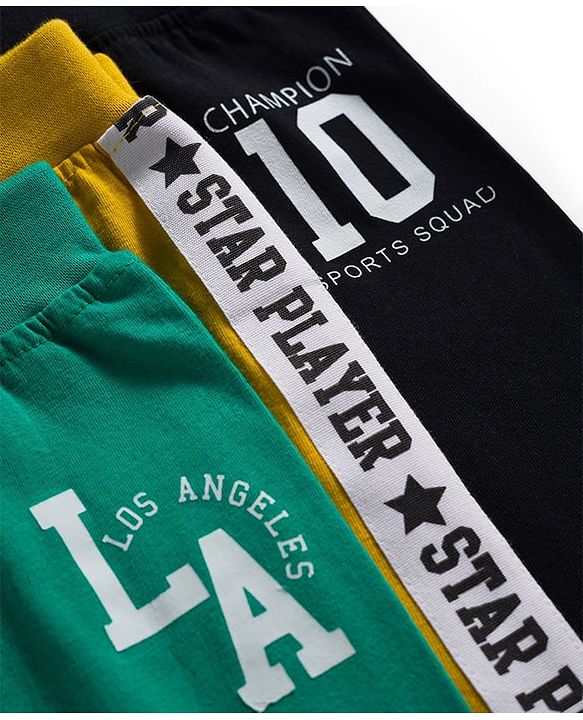 Babyhug Cotton Knit Full Length Lounge Pants with Sports Theme Print Pack of 3 - Yellow Mint & Black