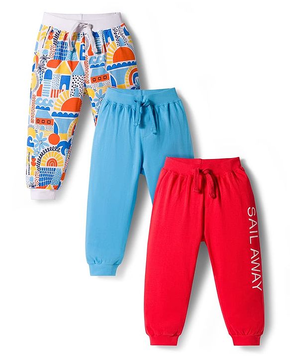 Babyhug Cotton Knit Full Length Lounge Pants with Beach Theme Print Pack of 3 - Multicolor