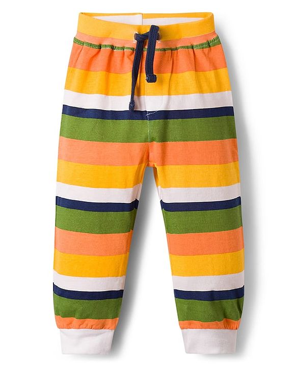 Babyhug Cotton Jersey Knit Full Length Striped & Teddy Bear Printed Lounge Pants Pack of 2 - Multicolor