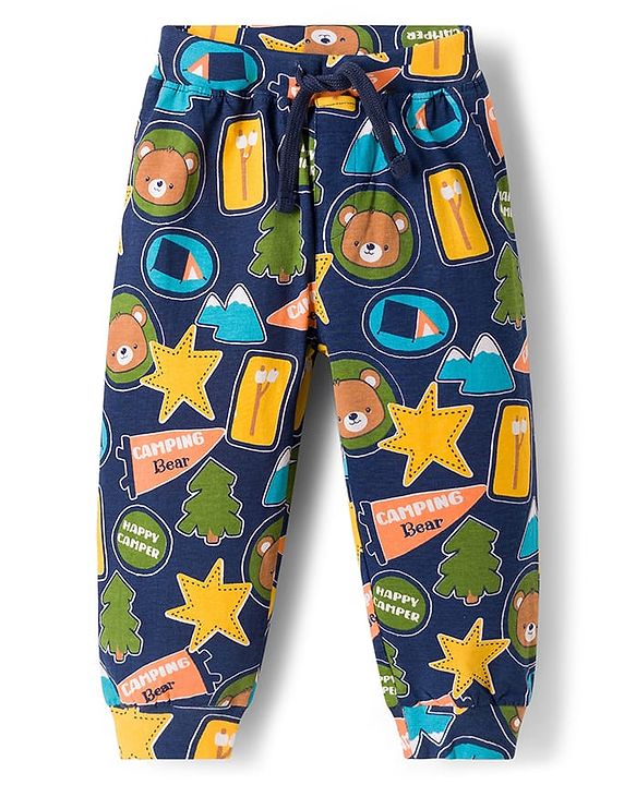 Babyhug Cotton Jersey Knit Full Length Striped & Teddy Bear Printed Lounge Pants Pack of 2 - Multicolor