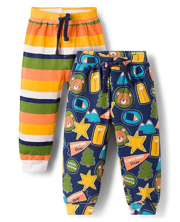 Babyhug Cotton Jersey Knit Full Length Striped & Teddy Bear Printed Lounge Pants Pack of 2 - Multicolor