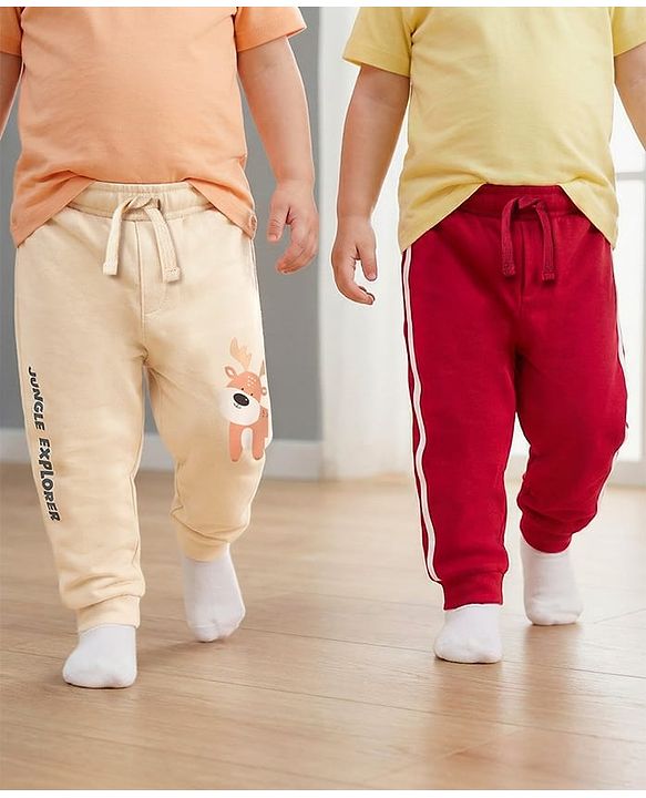 Babyhug Cotton Knit Full Length Lounge Pants with Animal Print & Tape Detailing - Red & Cream