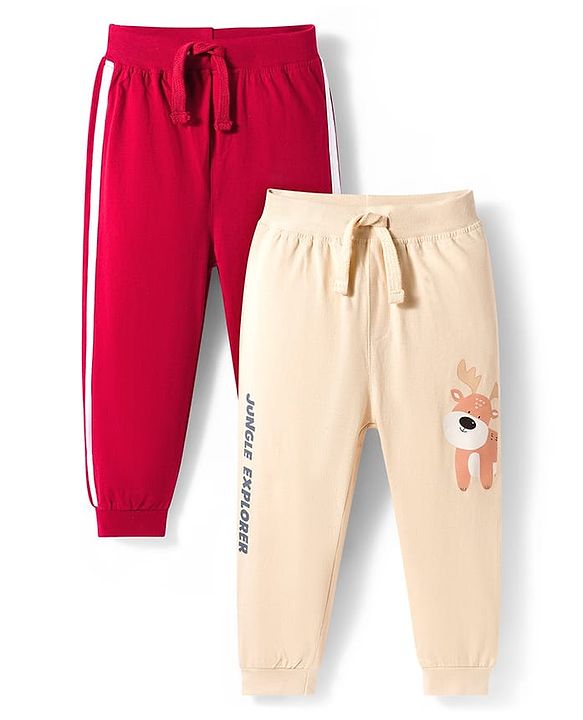 Babyhug Cotton Knit Full Length Lounge Pants with Animal Print & Tape Detailing - Red & Cream