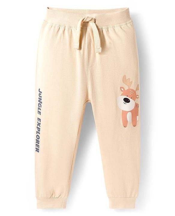 Babyhug Cotton Knit Full Length Lounge Pants with Animal Print & Tape Detailing - Red & Cream