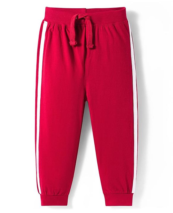 Babyhug Cotton Knit Full Length Lounge Pants with Animal Print & Tape Detailing - Red & Cream