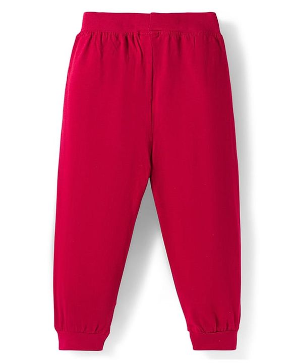 Babyhug Cotton Knit Full Length Lounge Pants with Animal Print & Tape Detailing - Red & Cream