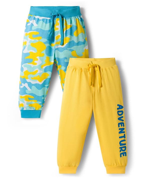 Babyhug Cotton Jersey Knit Full Length Lounge Pants with Camouflage & Adventure Print Pack of 2 - Multicolor