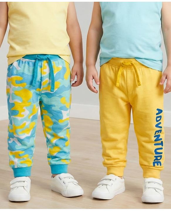 Babyhug Cotton Jersey Knit Full Length Lounge Pants with Camouflage & Adventure Print Pack of 2 - Multicolor