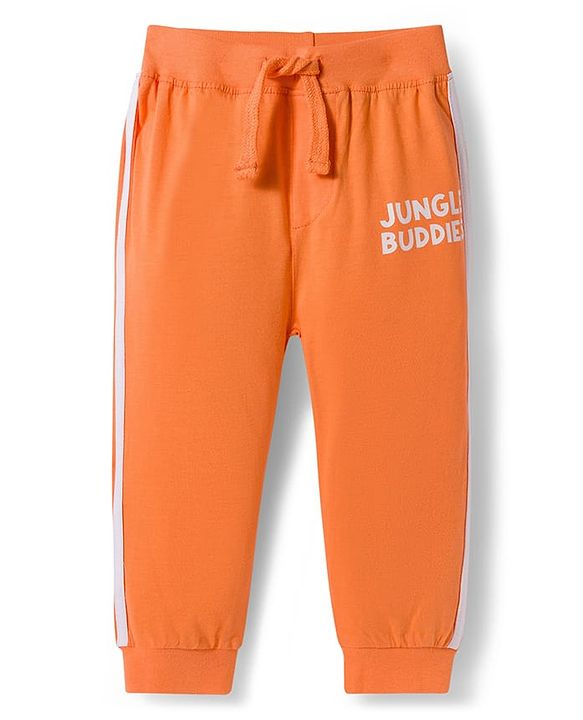 Babyhug Cotton Knit Full Length Lounge Pants with Jungle Print & Tape Detailing - Orange & Blue