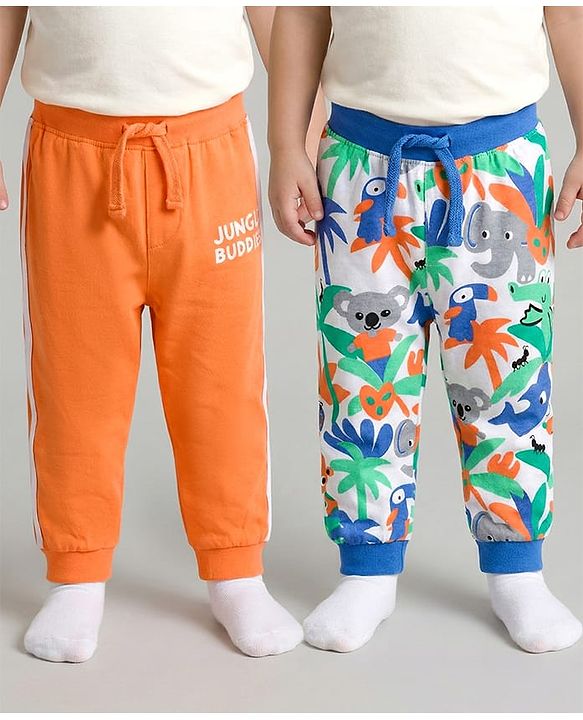 Babyhug Cotton Knit Full Length Lounge Pants with Jungle Print & Tape Detailing - Orange & Blue