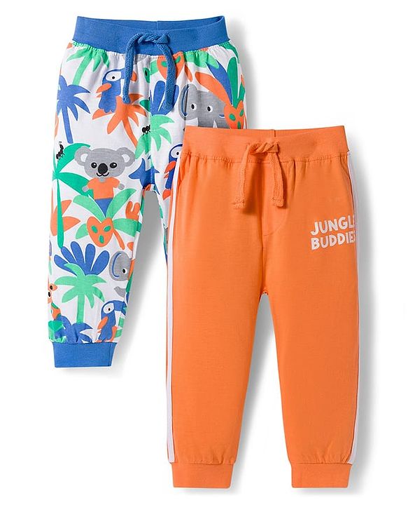 Babyhug Cotton Knit Full Length Lounge Pants with Jungle Print & Tape Detailing - Orange & Blue