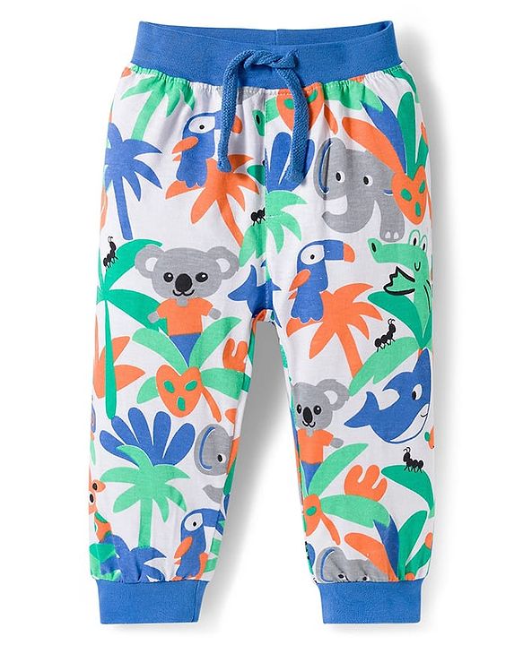 Babyhug Cotton Knit Full Length Lounge Pants with Jungle Print & Tape Detailing - Orange & Blue