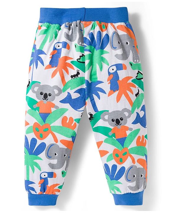 Babyhug Cotton Knit Full Length Lounge Pants with Jungle Print & Tape Detailing - Orange & Blue