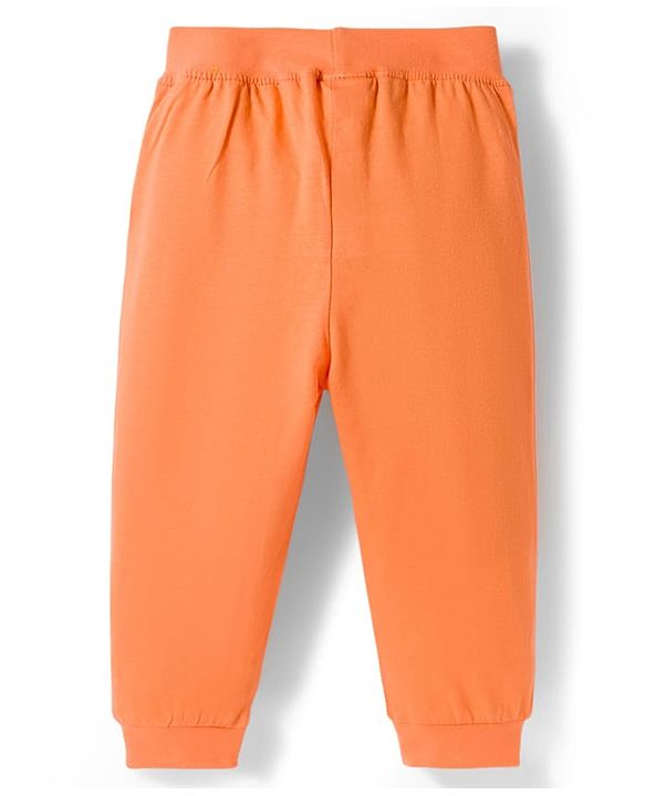 Babyhug Cotton Knit Full Length Lounge Pants with Jungle Print & Tape Detailing - Orange & Blue