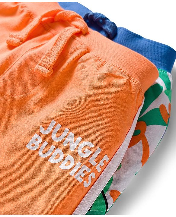 Babyhug Cotton Knit Full Length Lounge Pants with Jungle Print & Tape Detailing - Orange & Blue