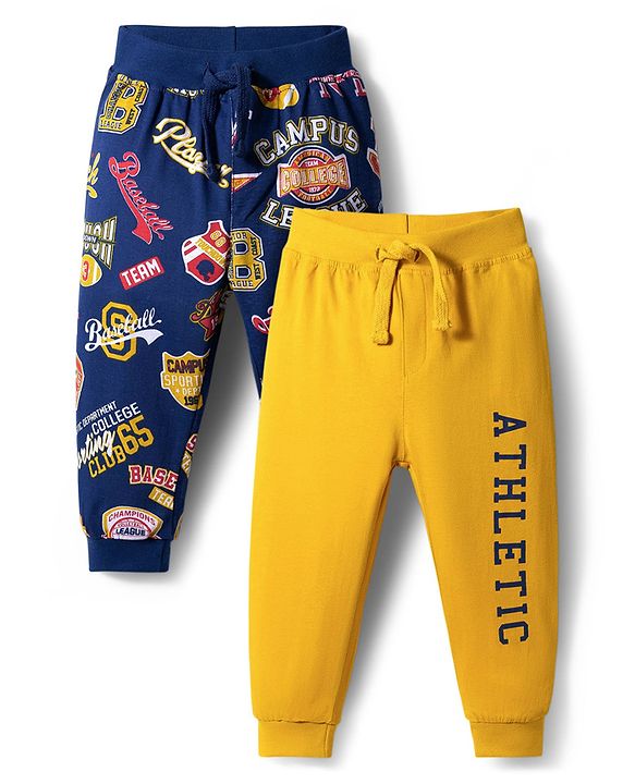 Babyhug Cotton Jersey Knit Full Length Lounge Pants With Athletic Theme Print Pack Of 2 - Multicolour