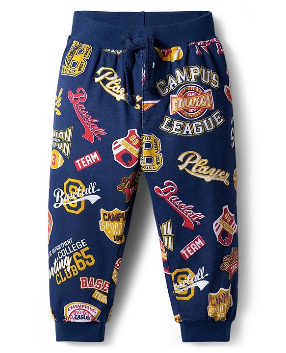 Babyhug Cotton Jersey Knit Full Length Lounge Pants With Athletic Theme Print Pack Of 2 - Multicolour