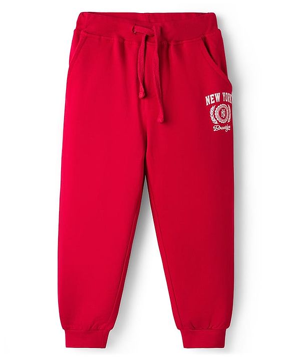 Babyhug Looper Knit Full Length Lounge Pant With Text Print - Red