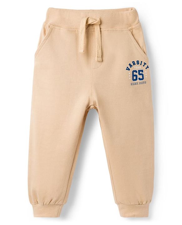 Babyhug Looper Knit Full Length Lounge Pant With Text Print - Cream
