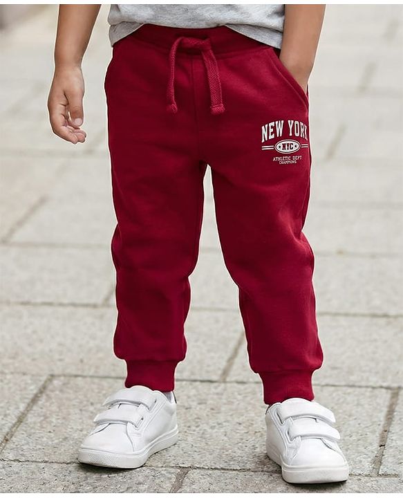 Babyhug Cotton Knit Full Length Lounge Pant With New York Print - Dark Red
