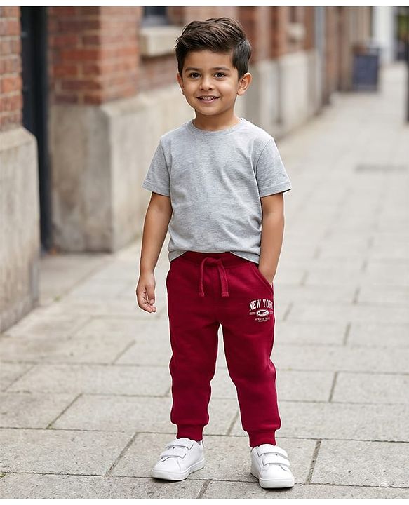 Babyhug Cotton Knit Full Length Lounge Pant With New York Print - Dark Red
