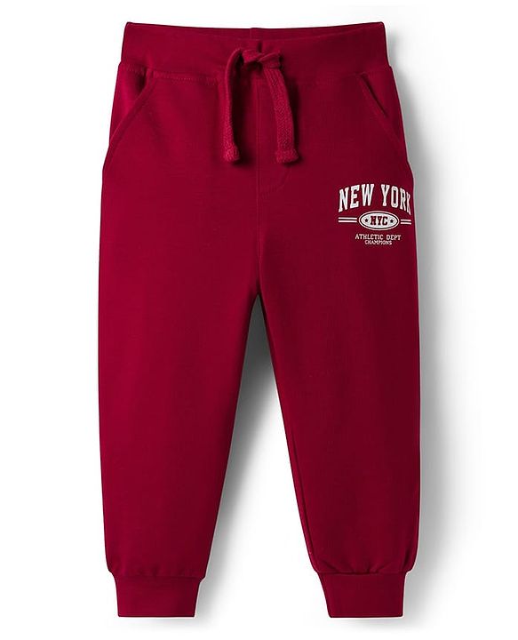 Babyhug Cotton Knit Full Length Lounge Pant With New York Print - Dark Red