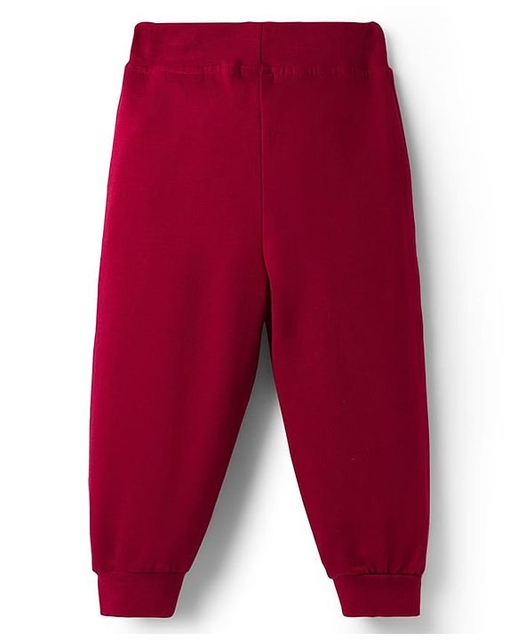 Babyhug Cotton Knit Full Length Lounge Pant With New York Print - Dark Red