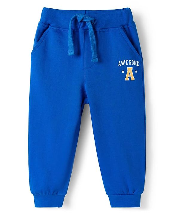 Babyhug Looper Knit Full Length Lounge Pant With Text Print - Blue