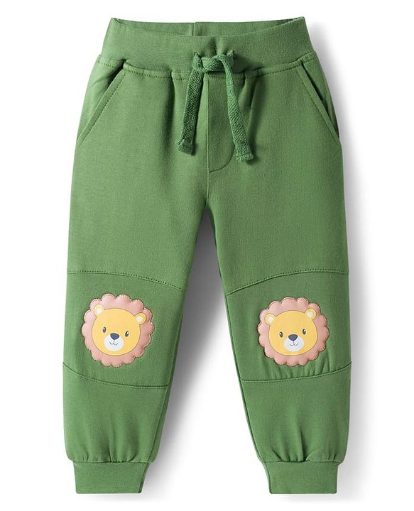 Babyhug Cotton Knit Full Length  Lounge Pant with Lion Patch - Green