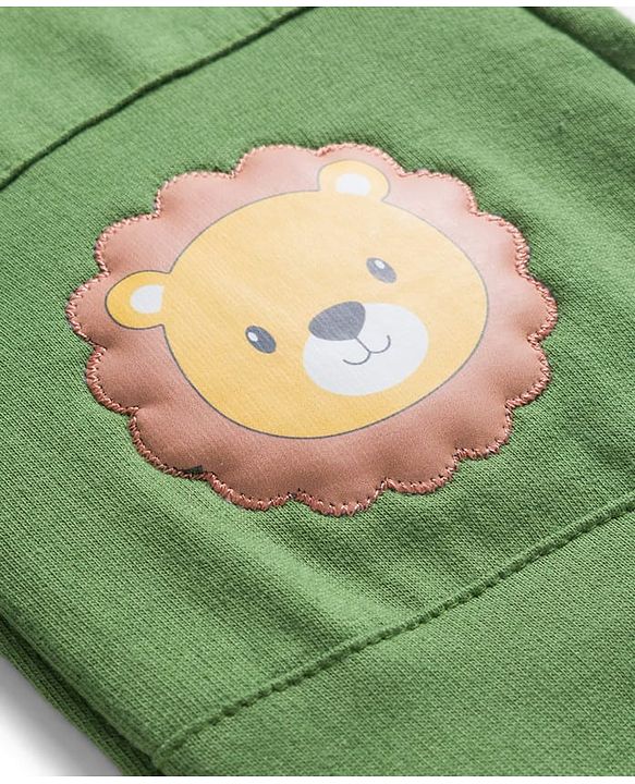 Babyhug Cotton Knit Full Length  Lounge Pant with Lion Patch - Green