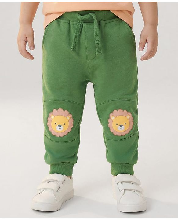 Babyhug Cotton Knit Full Length  Lounge Pant with Lion Patch - Green