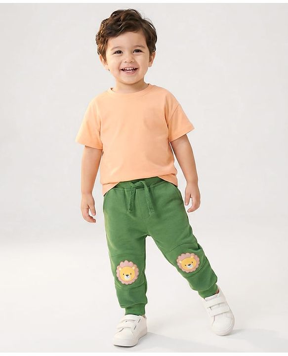 Babyhug Cotton Knit Full Length  Lounge Pant with Lion Patch - Green