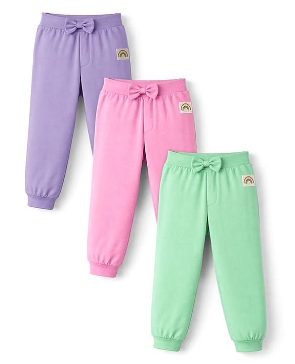 Babyhug Cotton Jersey Knit Full Length Lounge Pants With Rainbow Patch & Bow Applique Pack of 3 - Light Green Pink & Purple