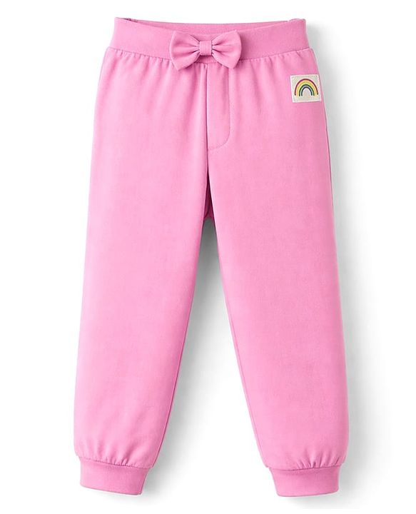 Babyhug Cotton Jersey Knit Full Length Lounge Pants With Rainbow Patch & Bow Applique Pack of 3 - Light Green Pink & Purple