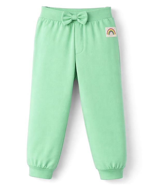 Babyhug Cotton Jersey Knit Full Length Lounge Pants With Rainbow Patch & Bow Applique Pack of 3 - Light Green Pink & Purple