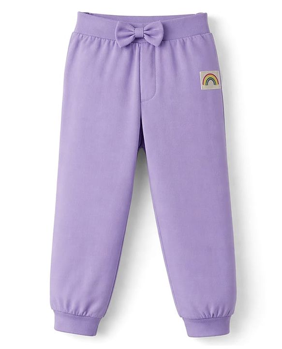Babyhug Cotton Jersey Knit Full Length Lounge Pants With Rainbow Patch & Bow Applique Pack of 3 - Light Green Pink & Purple